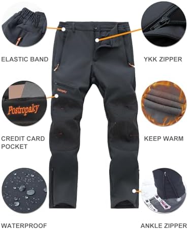 Postropaky Mens Hiking Snow Ski Pants Waterproof Outdoor Insulated Softshell Pants Snowboard Zipper Bottom Leg