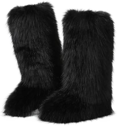 CELNEPHO Faux Fur Boots Knee High Furry Boots Fuzzy Winter Snow Shoes Flats