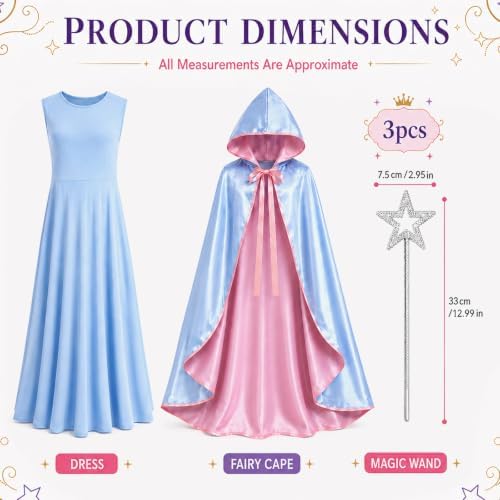 3PCS Fairy Godmother Costume Women Halloween Blue Hooded Cape Outfit