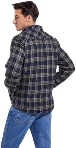 Men's Sherpa Cotton Flannel Shirt Jacket Plaid Button Coat Pocket