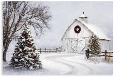 JDBeehpy White Barn Christmas Tree Wreath Oil Painting Unframed 20x30inch