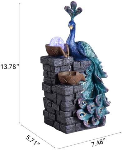 MAOCHI Tabletop Water Fountain Decor, Peacock with LED Glass Color Changing Globe,Relaxation Decorative Desktop Water Zen Fountain for Home/Office,Living Room Décor.13.78" Tall