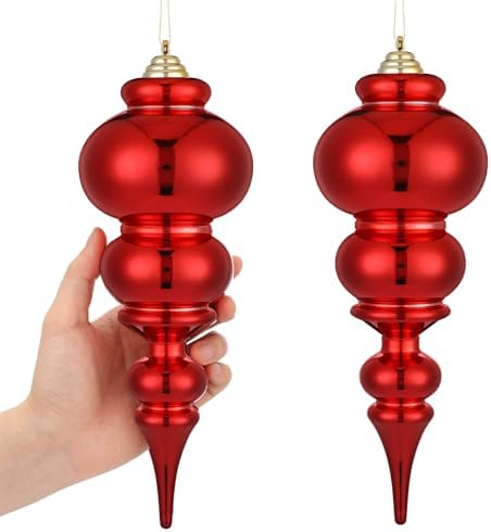 Soulchen 2 Pcs 12" Large Christmas Finial Drop Ornaments, Shiny, Red