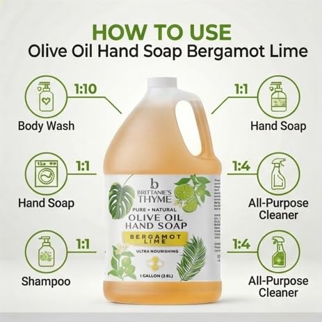 Brittanie's Bergamot Lime Pure Castile Olive Oil Liquid Soap 1 Gallon (128oz) | Face, Body Wash, Dishes, Pets & Laundry | Natural Vegan Sulfate Free, Moisturizing & Refill-Friendly