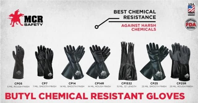 MCR Safety CP7S Butyl Rubber Gloves, 7 Mil Smooth Finish, Gauntlet Rolled Cuff, 14" Length, Small, 1-Pair