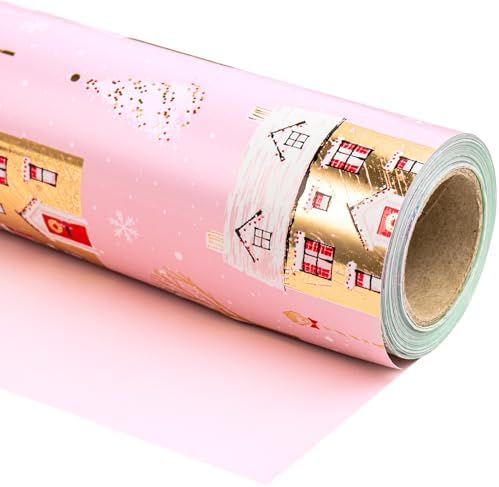WRAPAHOLIC 30 Inch Jumbo Reversible Christmas Wrapping Paper - 30 Inch x 100 Feet Jumbo Roll Pink House and Solid Pink Wrapping Paper with Metallic Foil Shine for Chrsitmas, Holiday, Party