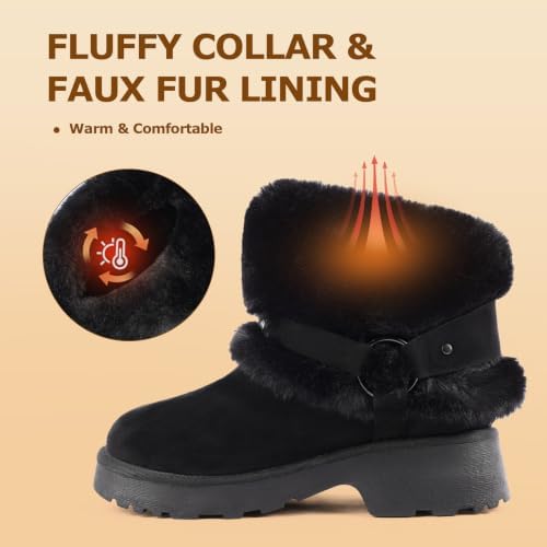 Furry Winter Boots for Women Block Heels Platform Buckle Slip On