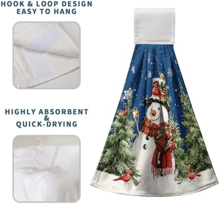 Blue Snowman Winter Kitchen Tie Towel Christmas Snow Pine Tree Birds Kitchen Hand Towels with Hanging Loops Xmas Farmhouse Bath Towel Soft Absorbent Fingertip Dish Tie Towels Set of 2