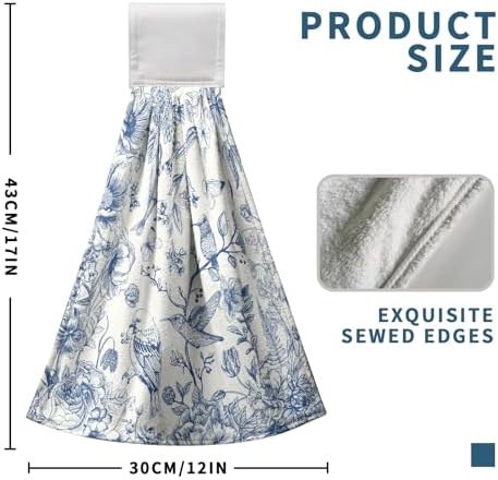Blue Floral Bird Hanging Kitchen Towels Chinoiserie Vintage Flower Spring Summer Hand Towel with Loop Blue White Kitchen Tie Towels Dish Towel Set of 2 Soft Absorbent Hanging Bath Towel for Bathroom