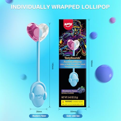 Amos Music Lollipop Candy, Audio Singing Lollipop, Individually Wrapped Natural Blueberry Flavor (1 Pack)