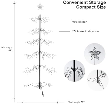 HOHIYA 6.5 Ft Ornament Display Tree Stand 174 Hook Metal Christmas Tree