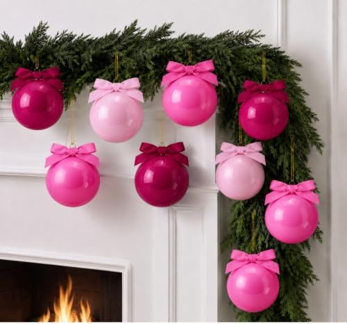 Hollowfly 9 Pcs 4 Inch Pink Glass Christmas Ornaments with Velvet Bow