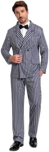 Men's 1920s Gangster Costume 3-Piece Set, Black White Striped Zoot Suit Gothic Family Halloween Cosplay M-XXL