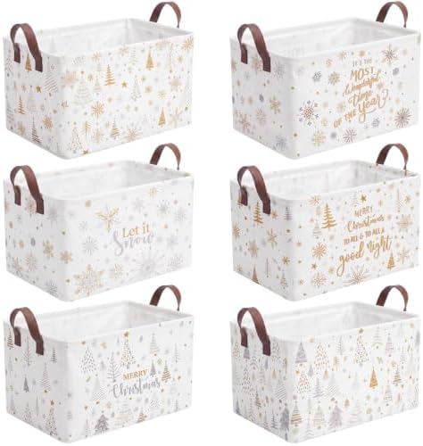 CHENGU 6 Pack Christmas Storage Basket Collapsible Christmas Wishes Basket for Gifts Holiday Decor Let It Snow Sign Large Gold Bin Foldable Xmas Tree Box with Handle for Bedroom Office Home