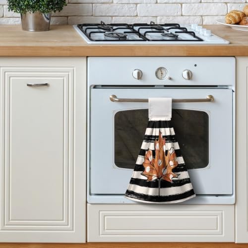 Autumn Striped Polka Dot Pumpkin Kitchen Hanging Towels Fall Buffalo Check Bow Maple Leaves Hand Tie Towels Washcloths Soft Absorbent Fingertip Bath Towel for Bathroom Decor Set of 2