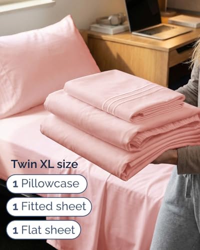 Twin XL Size 3 Piece Sheet Set - Breathable & Cooling Sheets - Baby Pink