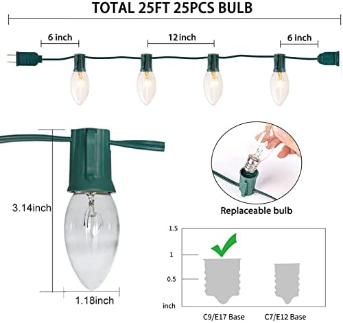 SUNSGNE C9 Clear Christmas Lights 25Ft Outdoor Christmas String Lights with 26 Clear Light Bulbs for Outdoor Patio, Cafe, Party Decor- Green Wire