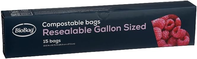 BioBag 100% Certified Compostable Resealable Food Storage Bags, 180 Count, Gallon, Perfect for Refrigerator or Freezer