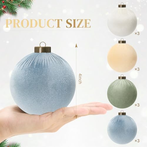 Liliful 12 Pcs Extra Large Velvet Christmas Balls Velvet Ornaments for Christmas Tree Flocked Shatterproof Xmas Tree Balls Bulk for Holiday Party Xmas Trees Hanging Decorations(4 Inch,Morandi)