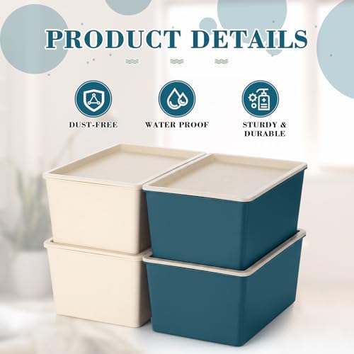 Menkxi 4 Pcs Storage Bins with Lids, Beige, Blue, Small