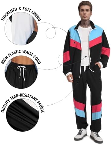 UOUA 80s Outfit for Men 90s Costumes 2 Piece Long Sleeve Track Suit Set