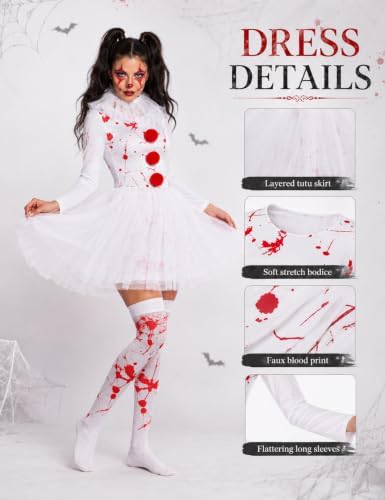 Women Halloween Scary Clown Costume with Bloody Tutu Dress and Face Gems