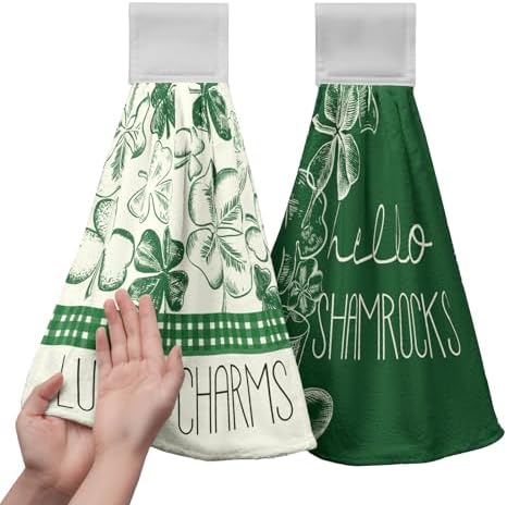 St Patrick's Day Shamrocks Hanging Hand Towels Set of 2 Lucky Charm Green Clover Kitchen Towel with Hanging Loop Seasonal Spring Fingertip Bath Towels Soft Absorbent Dish Tie Towel