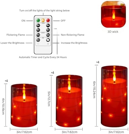 kakoya Flameless LED Candles with Timer 12 Pc Flickering Flameless Candles for Romantic Ambiance and Home Decoration Stable Acrylic Shell,with Embedded Star String，Battery Operated Candles(Red)
