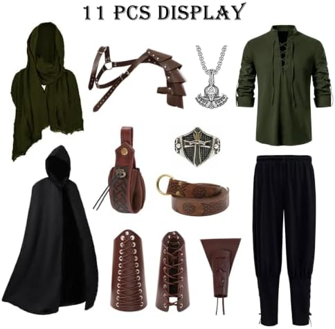 Akokvlar 10 Pcs Men Renaissance Costume Medieval Pirate Shirt Ankle Banded Pants Viking Outfit Set