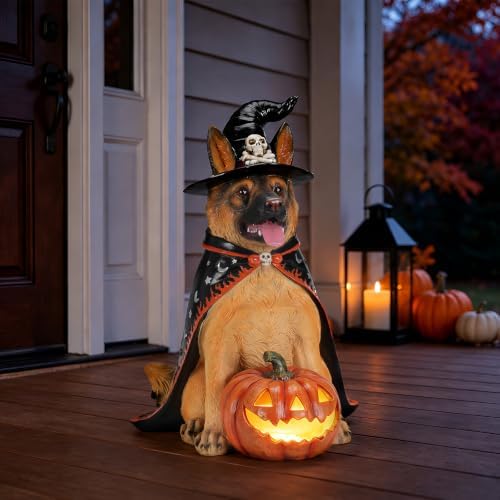 German Shepherd Statue Halloween Decorations Outdoor with LED Pumpkin