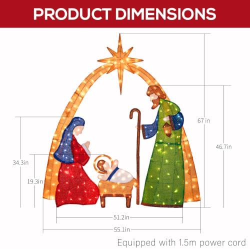 Hykolity 5.5 FT 2.5D Lighted Nativity Scene, Outdoor Christmas Yard Decoration with 210 Warm White LEDs, Stained-Glass Style Fabric and 5 FT Power Cord for Lawn and Porch