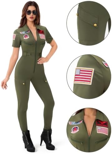 Spooktacular Creations Fighter Pilot Bodysuit Women, Womens Halloween Costumes 2026, Green Pilot Air Force Costume for Cos