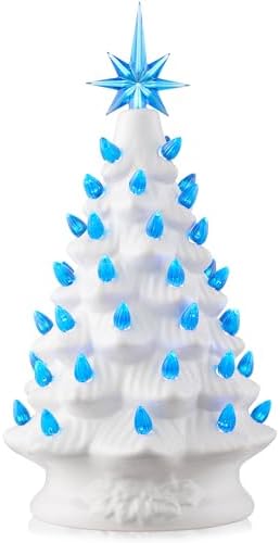 Casafield Hand Painted Ceramic Christmas Tree, White 12-Inch Pre-Lit Tree with 100 Pink and Blue Lights and 2 Star Toppers