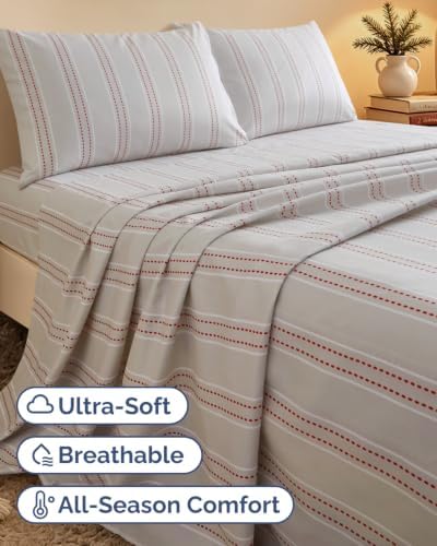 Christmas Sheet Set, Red Dot Stripe, Holiday Xmas Bedding Set - Cal King