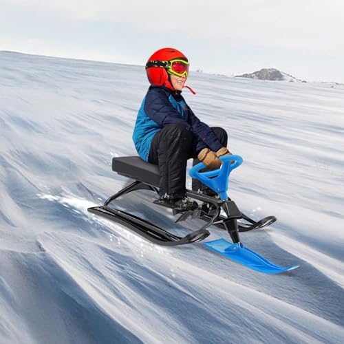 Snow Racer Sled Ski Sled Slider, 220 lbs Capacity Snow Slider Board with Steering Wheel & Brakes, Heavy Duty Steerable Sled for Skiing Ice Skating Sand Skating