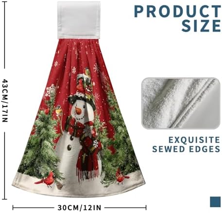 Winter Snowman Red Hanging Kitchen Towels Set of 2 Christmas Snow Snowman Pine Tree Bird Hand Towel with Hanging Loop Xmas Farmhouse Bath Towels Soft Absorbent Fingertip Dish Tie Towel for Bathroom
