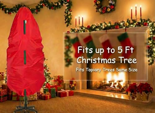 Upright Christmas Tree Storage Bag - Fits 5 Ft Artificial Xmas & Topiary Tree, Vertical Holiday Cover, Durable, Dustproof & Easy-Use Xmas Storage, Red