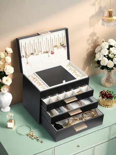 BOOVO Jewelry Boxes for Women, White and Black 6 Layer Large Jewelry Box for Necklace, Bracelet, Earrings, Rings Storage, Jewelry holder Organizer for Girls Gift (Black, 5 Layer)
