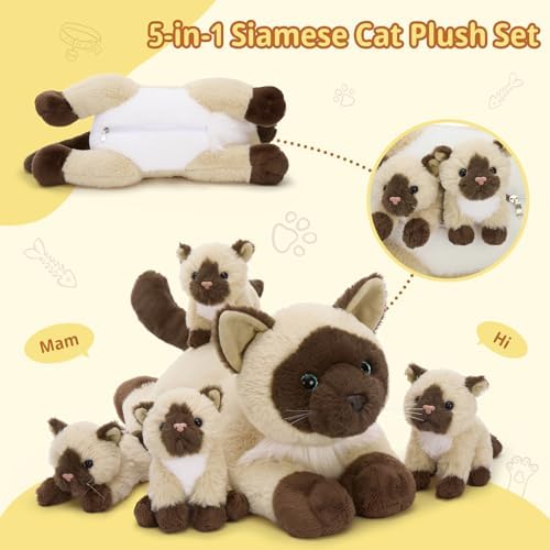 MorisMos Siamese Cat Stuffed Animal, 19" Large Mama Cat with 4 Baby Kittens