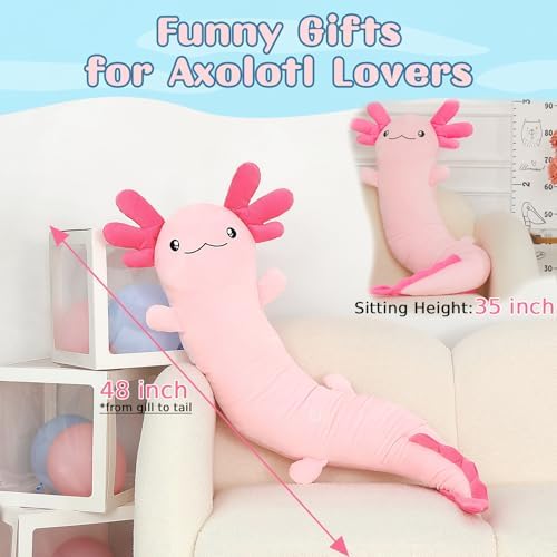 Tezituor Pink Axolotl Stuffed Animal for Girls 6-12, 48 inch Glow-in-Dark Plush Toy 4ft Body Pillow for Adults Mother's Day Large Stuffed Salamander Axolotl Lovers Gifts Christmas Valentines