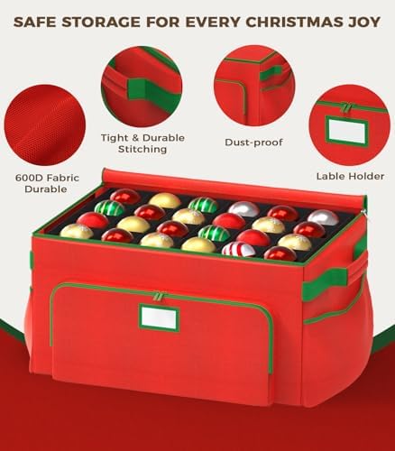 Ornament Storage Box, Large Christmas Ornament Storage Box, Stores 72 4'' Ornaments , Ornaments Storage Containers with 3 Trays, Durable and Portable, 600D Tear-Proof Material, Extra Pockets Red