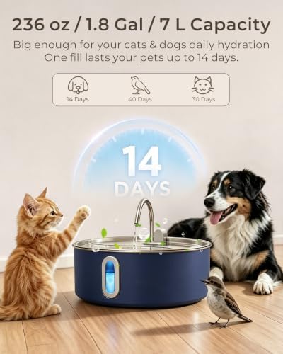 Smartoo 7L/236oz Stainless Steel Dog Water Fountain for Large Dog Navy Blue