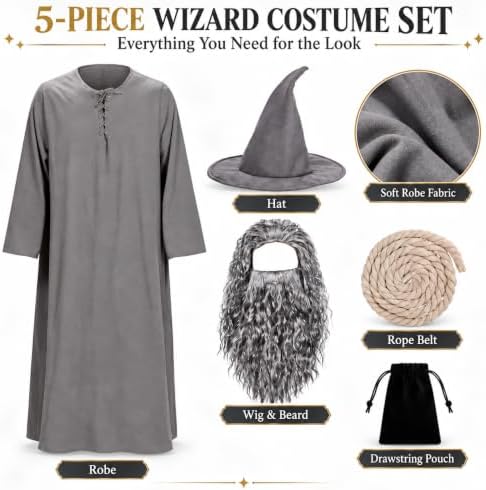Gray Wizard Costume Men - 6Pcs Medieval Warlock Sorcerer Robe Set for Halloween