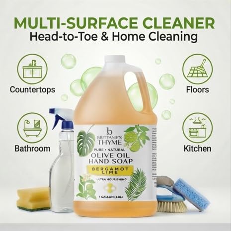 Brittanie's Bergamot Lime Pure Castile Olive Oil Liquid Soap 1 Gallon (128oz) | Face, Body Wash, Dishes, Pets & Laundry | Natural Vegan Sulfate Free, Moisturizing & Refill-Friendly