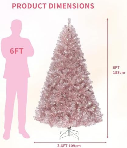 GarveeHome 6 ft Prelit Artificial Christmas Tree with 250 Warm White Lights, Pre-Lit Snow Flocked Pencil Christmas Tree, Foldable Base,Holiday Decoration for Home, Office, Party,Rose Gold Tinsel