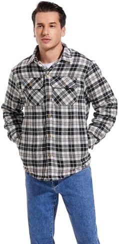 Men's Sherpa Cotton Flannel Shirt Jacket Plaid Button Coat Pocket