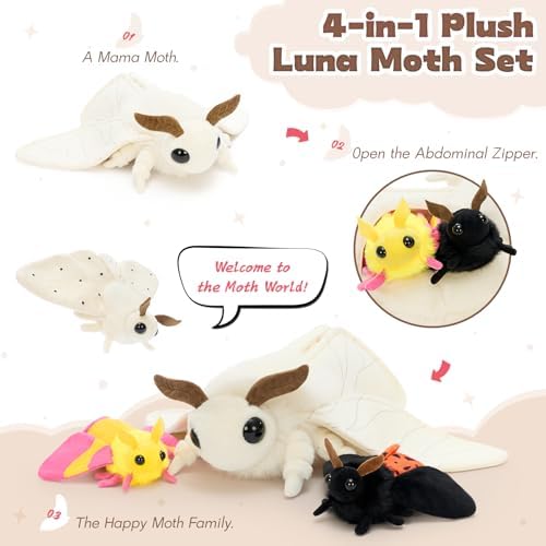MorisMos Plush Moth Stuffed Animal with 3 Moth Babies