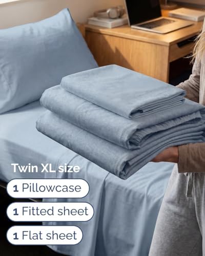 Twin XL Size 3 Piece Sheet Set - Breathable & Cooling - Heathered Blue