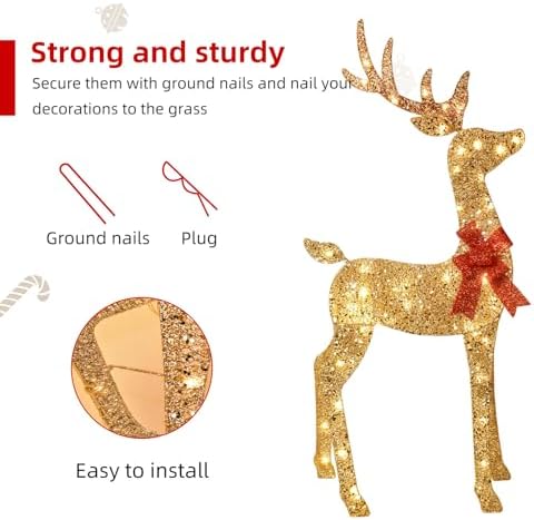3-Piece 2D Lighted Christmas Deer Family Set - HOYECHI Large Outdoor Yard Reindeer Holiday Decoration with 145 LED Lights, Stakes, Zip Ties - Gold