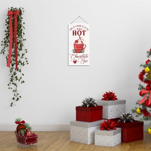 Hot Chocolate Bar Sign, Christmas Hanging Wood Sign, Winter Decorative Wall Signs, Rustic Winter Wooden Door Signs, Farmhouse Outdoor Wood Christmas Decor, Xmas Wall Art 6x12 Inches